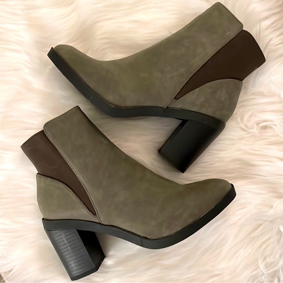 Olive Green Heeled Ankle Boots, Vegan Leather, Brand New in Box - Picture 1 of 7